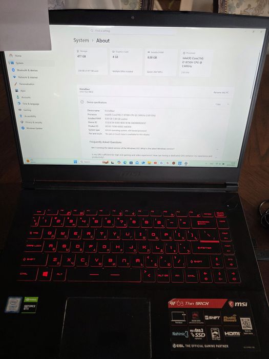Ноутбук игровой MSI GF63 Thin 9RCX