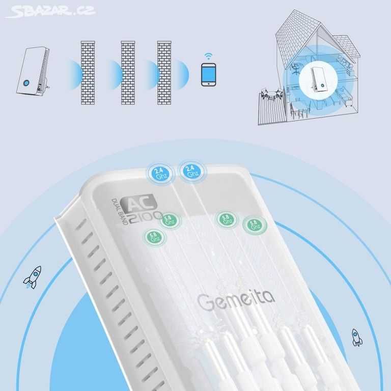 Gemeita WiFi Repeater AC 2100Mbps 2.4G/5G Amplificator WiFi nou