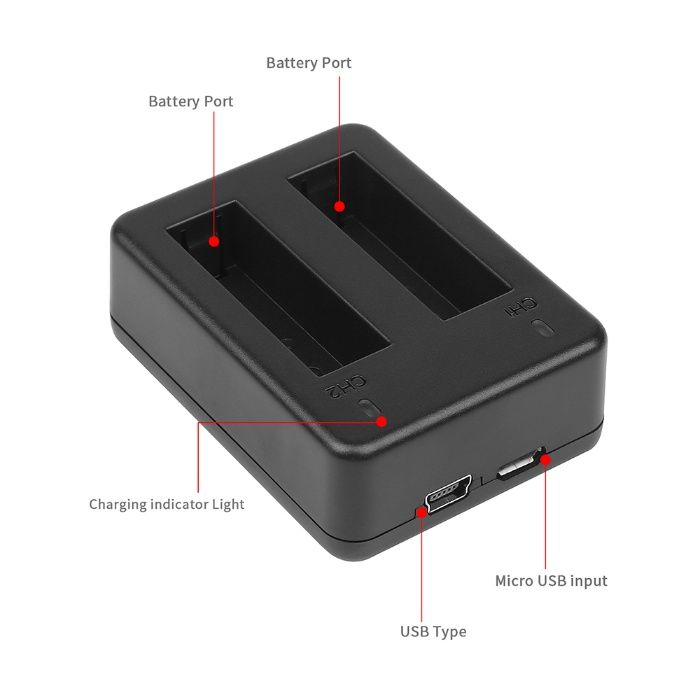 Зарядно за GoPro Hero 4, За батерии AHDBT-401, USB кабел, Двойно