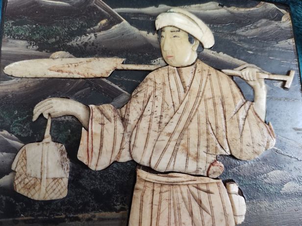 Tablou antic cu decor în fildes încrustat Japonia-UNICAT 23 x 15.5 cm