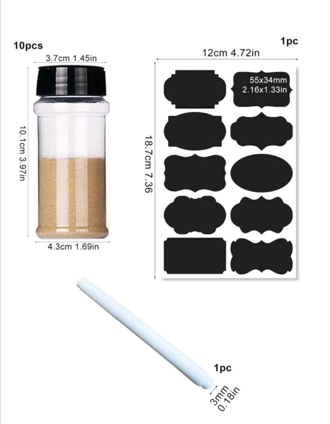 Комплект буркани за подправки 10бр с черни етикети и Бял маркер