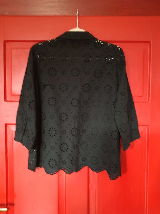 Camasa neagra broderie maneca 3/4 bumbac