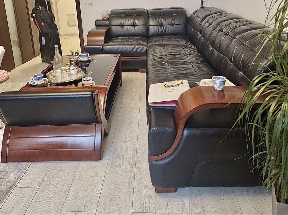 Set living complet Canapea colțar + masă de cafea piele naturală lemn