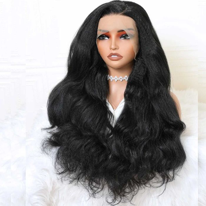 70 см Черна чуплива Yaki перука с дантела 13x4