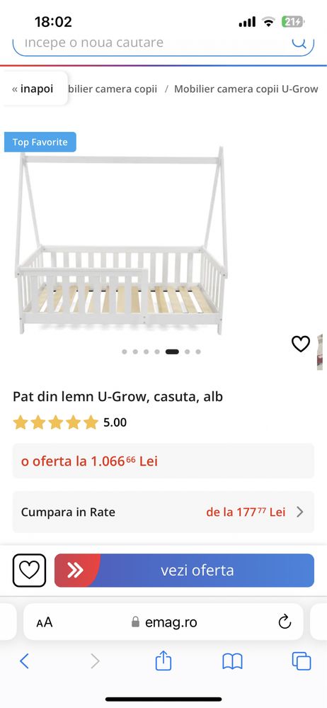 Pat din lemn U-grow casuta, stil Montessori+saltea Jysk