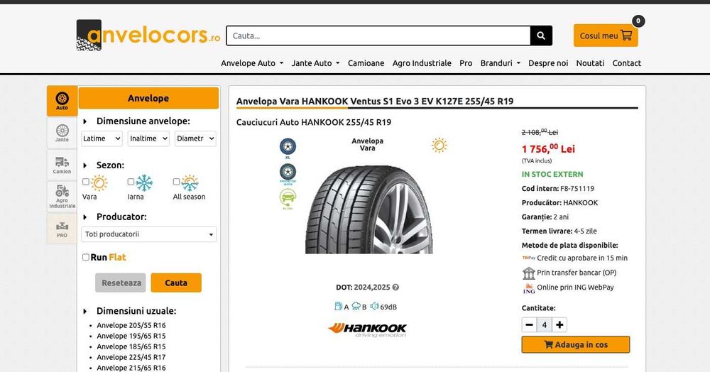 4 Anvelope Vara HANKOOK Ventus S1 Evo 3 EV K127E 255/45 R19