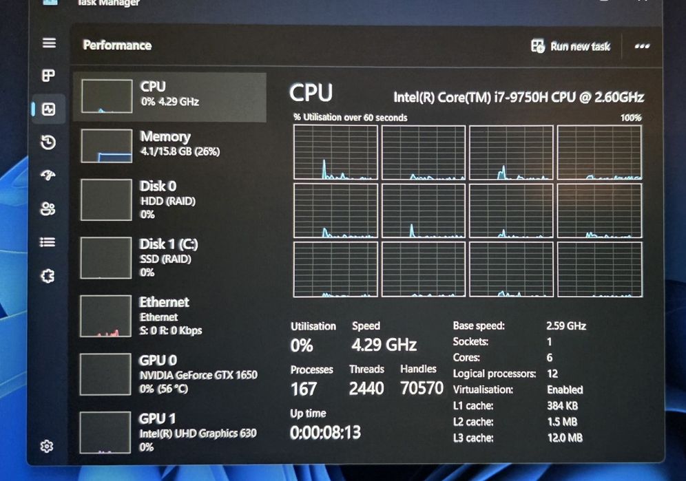 Laptop gaming i7 9750H 4.5GHz 12 core 16GB SSD HDD GTX