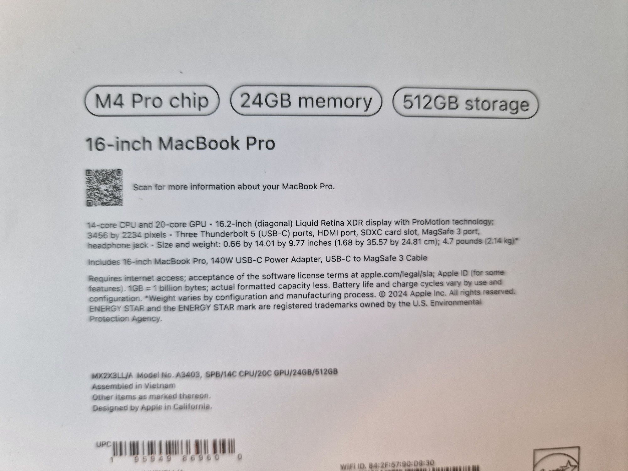 Laptop Apple MacBook Pro 16 M4 Pro, 16.2"  24GB, SSD 512GB Nou