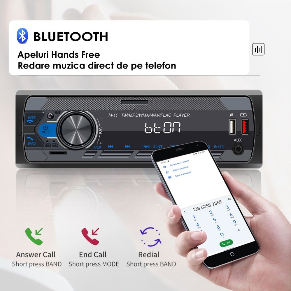 Radio Casetofon MP3 Player auto 1DIN, USB, Bluetooth 5.0