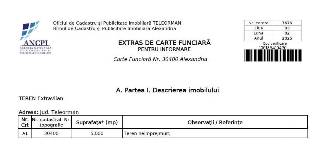 Teren agricol 5000 mp, extravilan Alexandria, jud. Teleorman