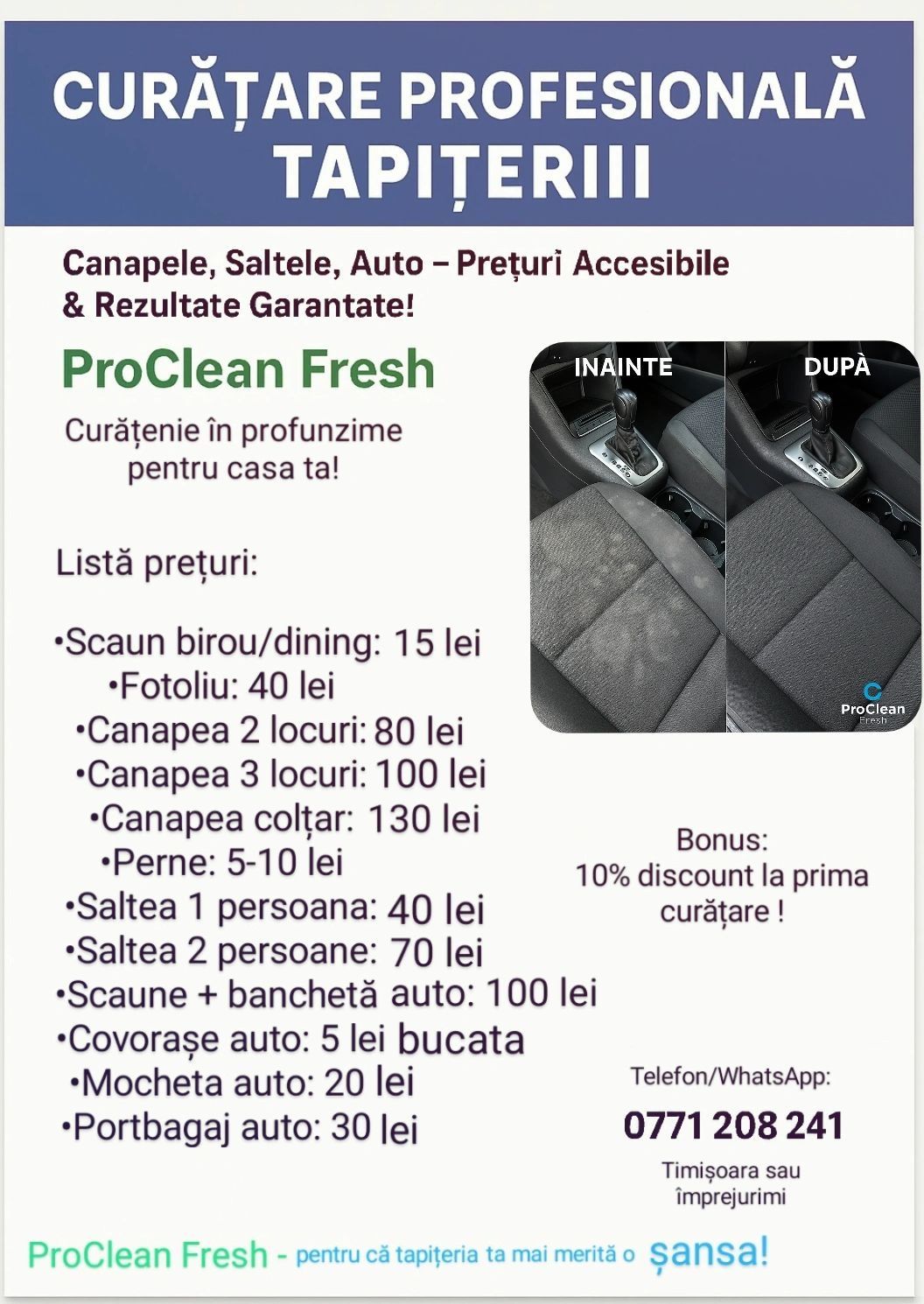 Curățare tapițerii - canapele, saltele, auto!!