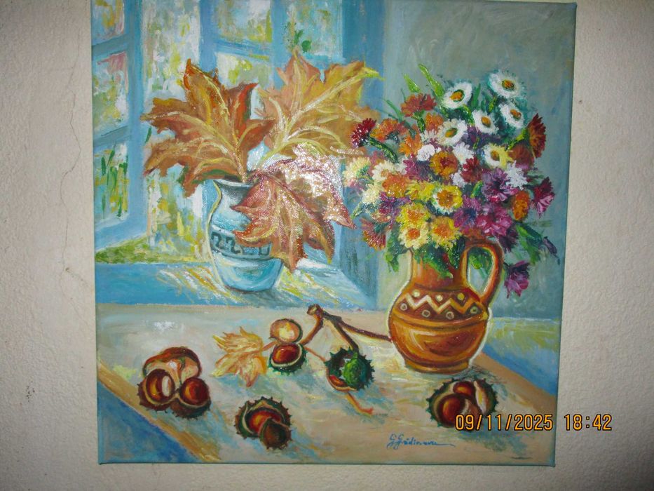 tablou natură statică cu crizanteme și castane