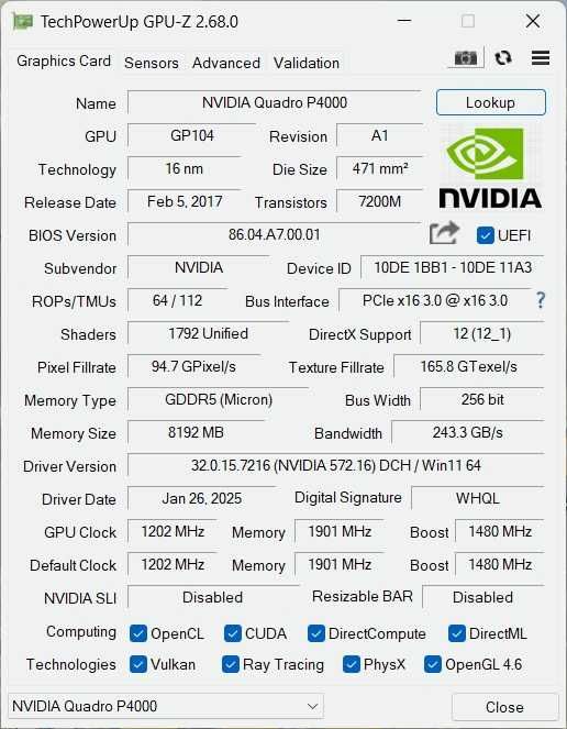 Видеокарта Nvidia Quadro P4000 8Gb DDR5, 256 bit