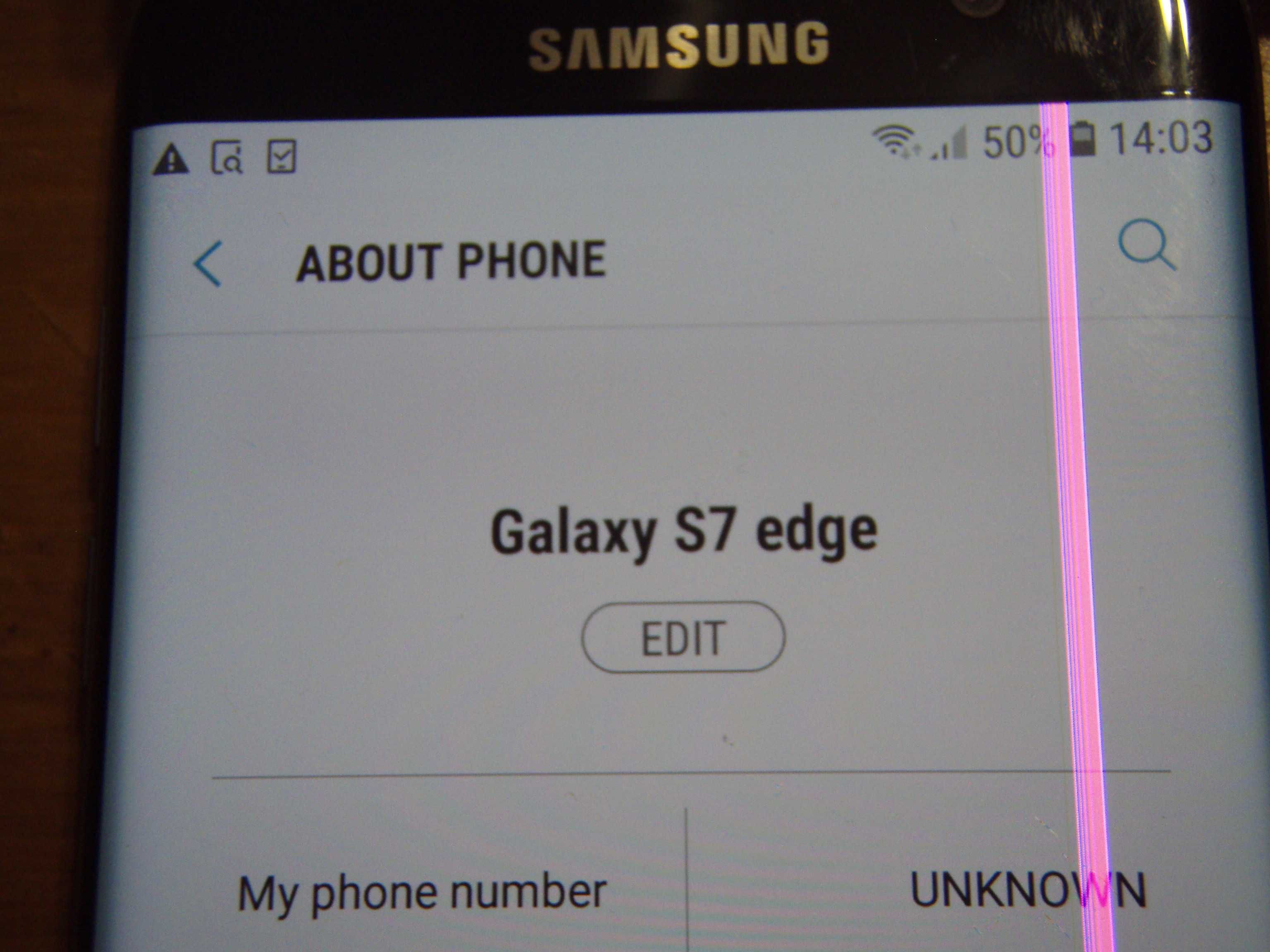 Samsung S7 EDGE defect, display cu o dunga verticala roz nu este spart