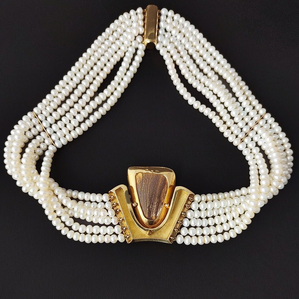 Colier chocker, perle cu boulder opal superb, aur si diamante, certif.
