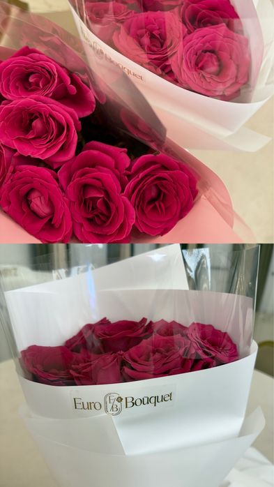 2 букета по 7 роз, в розовом/белом оформлении.