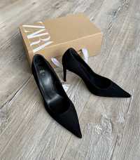 Нови zara 100% естествен велур дамски черни обувки с висок ток