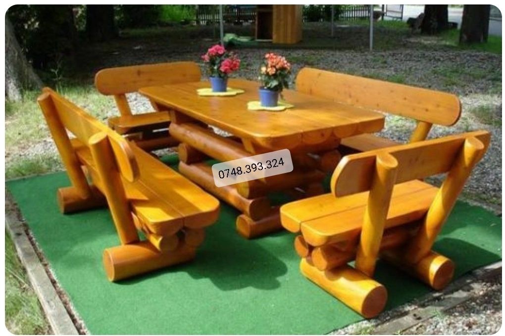 Set masa  cu  băncuțe scaune  lemn masiv terasa foișor