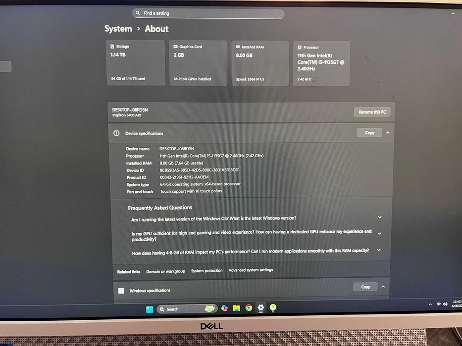 Sistem All-in-One Dell i5-1135G7,  8GB DDR4, 256GB SSD + 1TB HDD