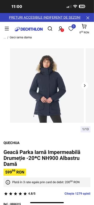 Parka de drumeție impermeabilă pentru femei -20°C, NH900 - Albastră