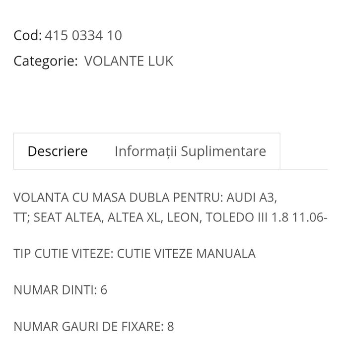 Volanta cu masa dubla  pentru AUDI A3, TT ,SEAT ALTEA, ALTEA XL, LEON