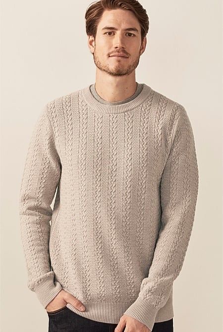 100% вълна Trenery Crew Neck Stitch Knit мъжки пуловер - L-M