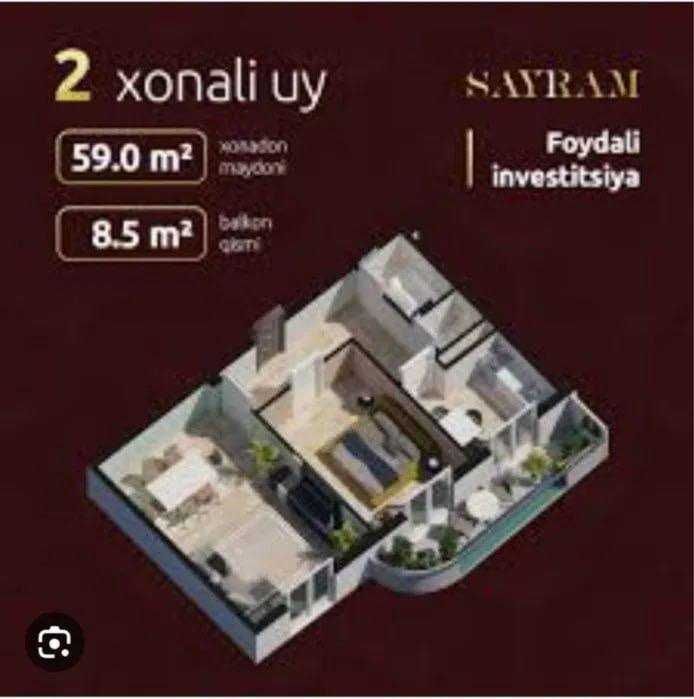 YUnusabad Xon saroy Yangi uylarda 2-xona 60m2+8.5m2 balkon