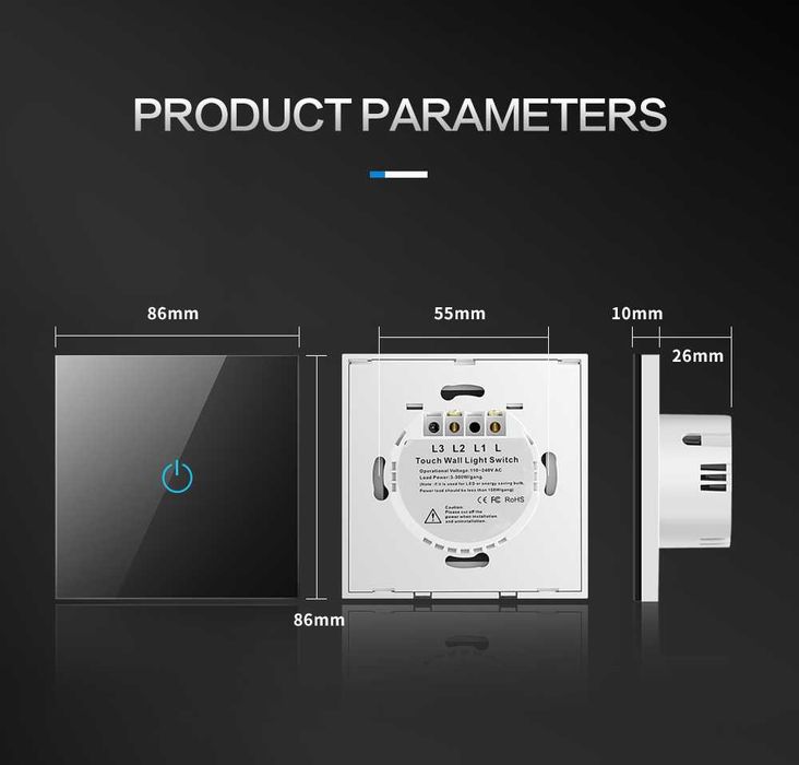 Intrerupator Touch, Sticla Securizata, Design Modern, Iluminare LED 1F