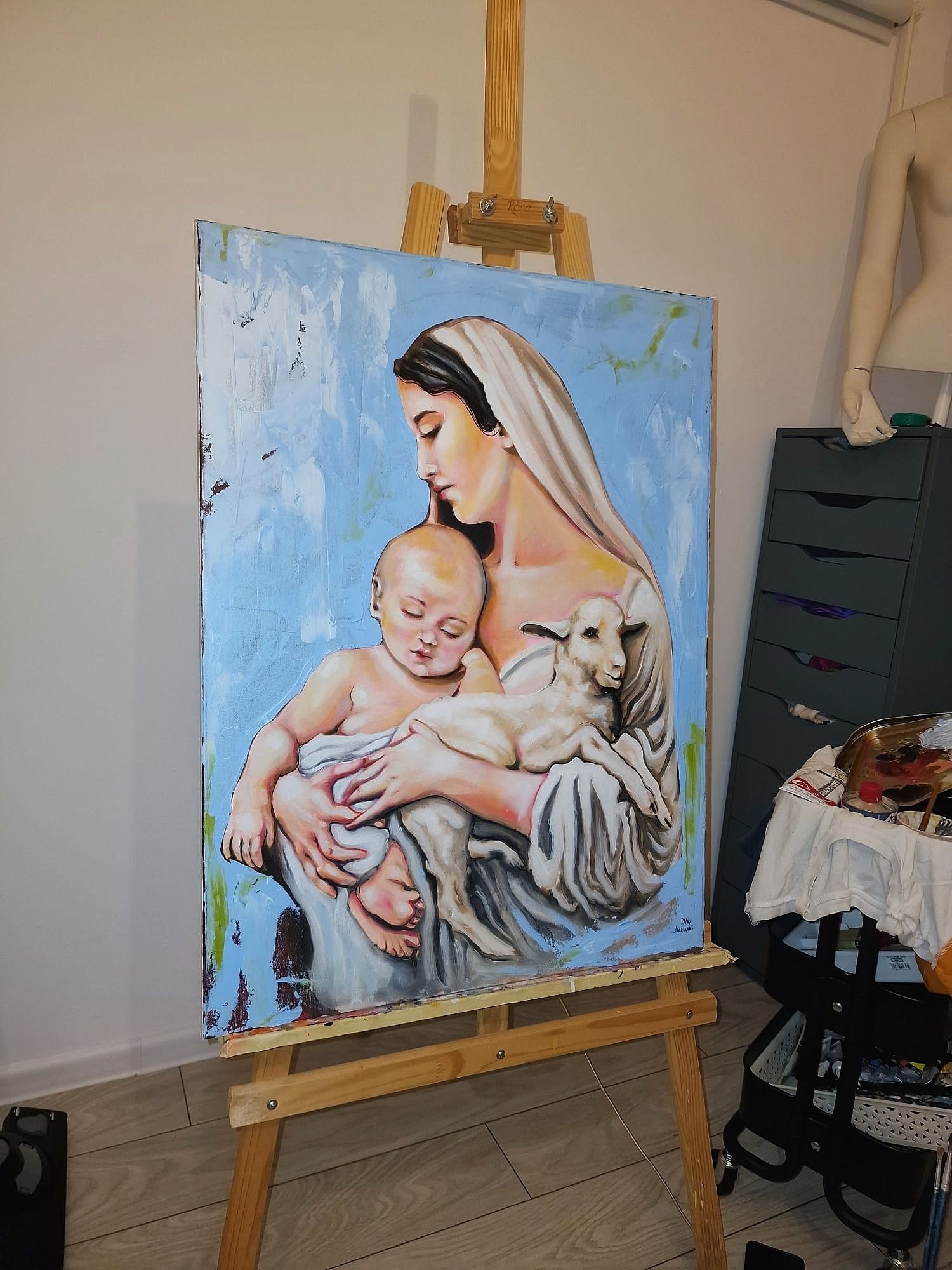 Pictură în ulei/pânză (60/80 cm) Fecioara Maria pruncul si mielul