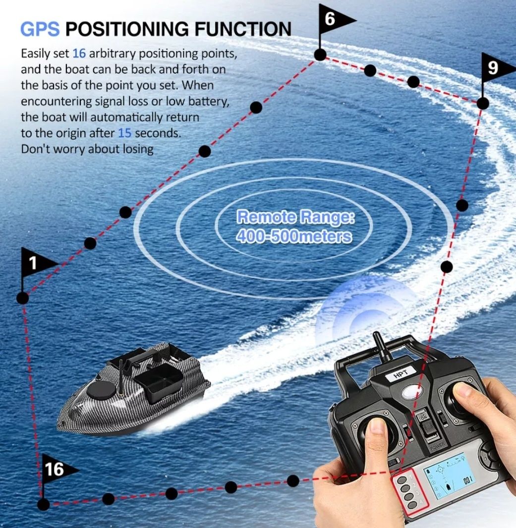 Лодка за захранка 16 GPS точки 12000mа батетия и чанта+зарядно за кола