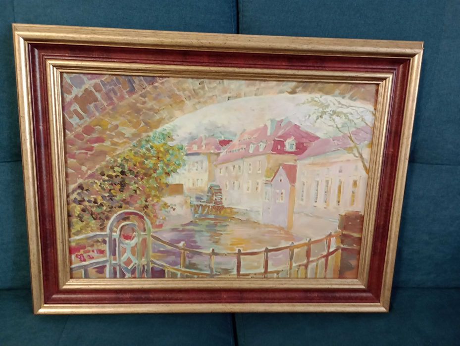 Tablou in ulei, canal navigabil cu pod, 51cm x38cm, cumparat din Praga