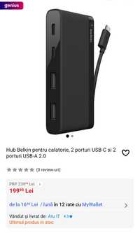 Hub Belkin pentru calatorie, 2 porturi USB-C si 2 porturi USB-A 2.0