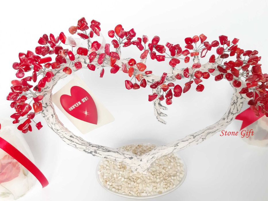 Дръвче Червен Корал Сърце, Подарък Жена, Подарък Любов, Подарък Коледа