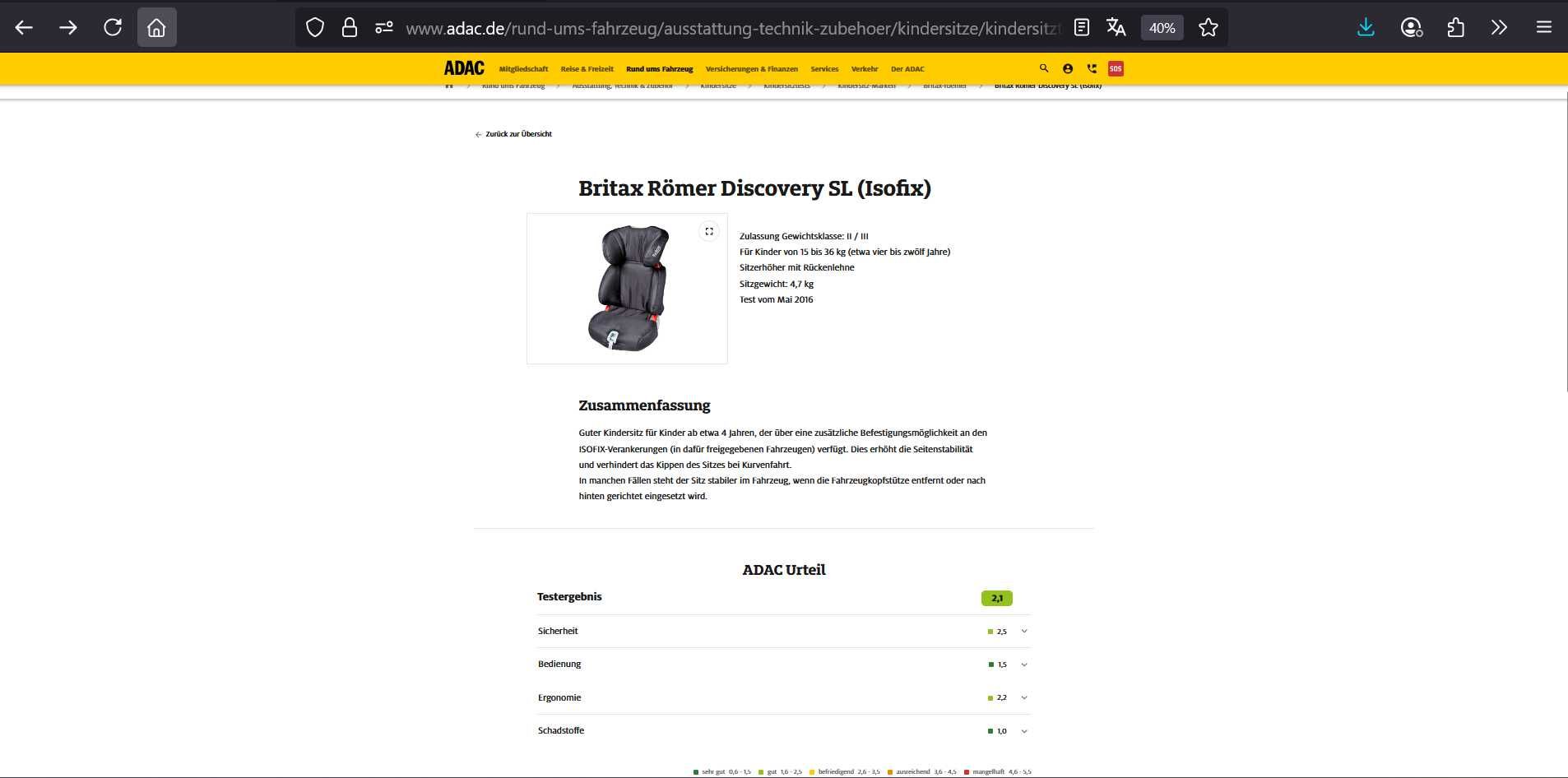 Продавам детски стол за кола  BRITAX-ROMER Discovery SL ECER44/04