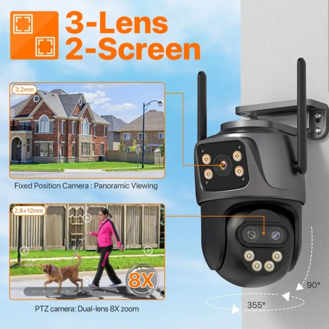 9MP 6K HD WiFi IP Camera Outdoor 8x Zoom
Three Lens Dual Screen PTZ Ca