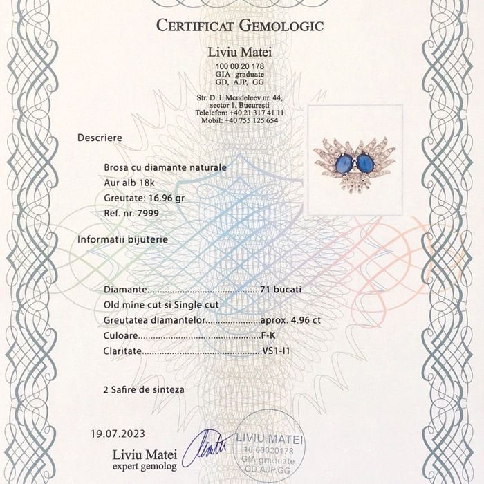 brosa anii '50, aur 18k, 5 ct diamante, certificat