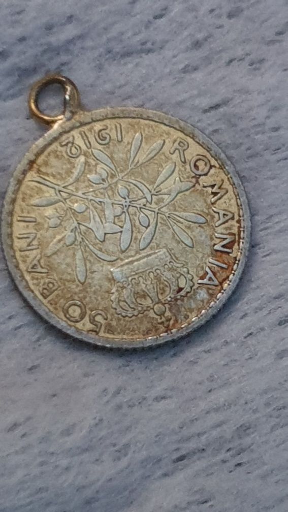 Medalion argint vechi moneda 50 bani 1912