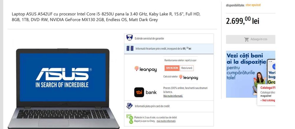 Laptop ASUS A542UF procesor i5-8250U 15.6", 8GB, 1TB, NVIDIA MX130 2GB