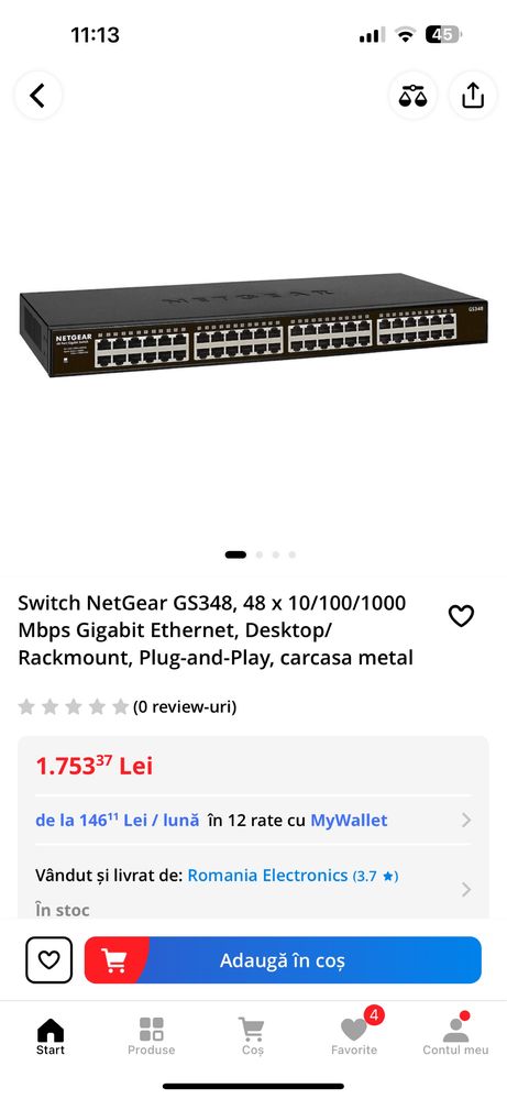Switch NetGear GS348, 48 x 10/100/1000 Mbps Gigabit Ethernet, Desktop/