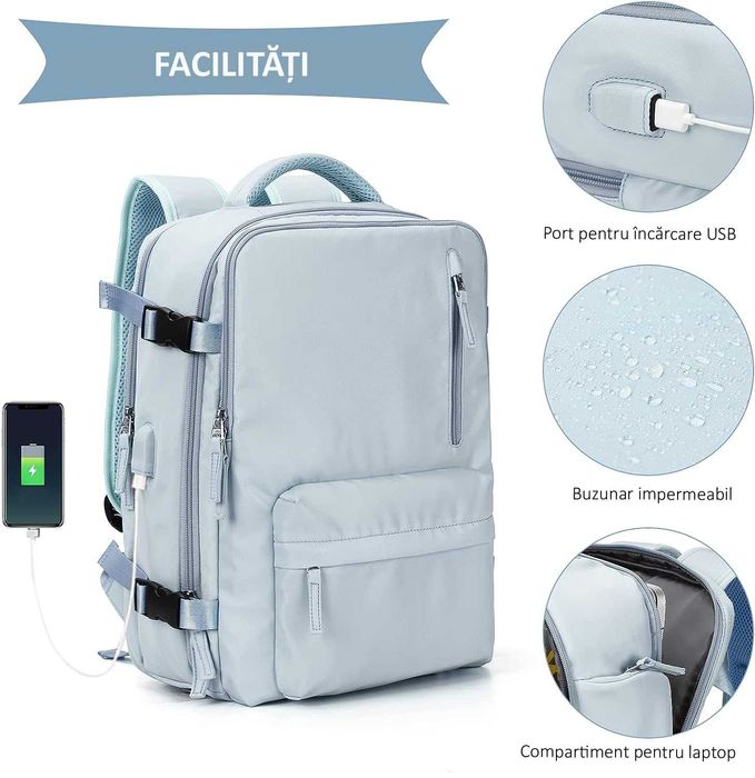 Rucsac de Calatorie, WizzAir, USB, 35 L, Albastru deschis, OBRALIX®