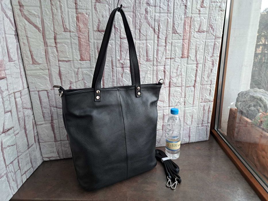 дамска чанта,черна кожена торба-естествена кожа