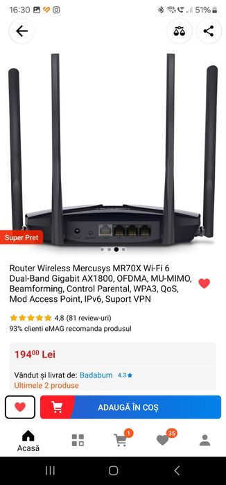 Router Wireless Gigabit MERCUSYS AX1800 MR70X, Wi-Fi 6, Dual-Band 574