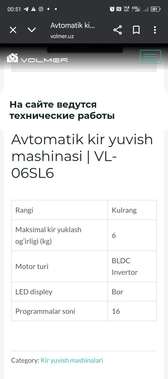 Volmer Kir yuvish mashinasi invertir kafolati 10 yil