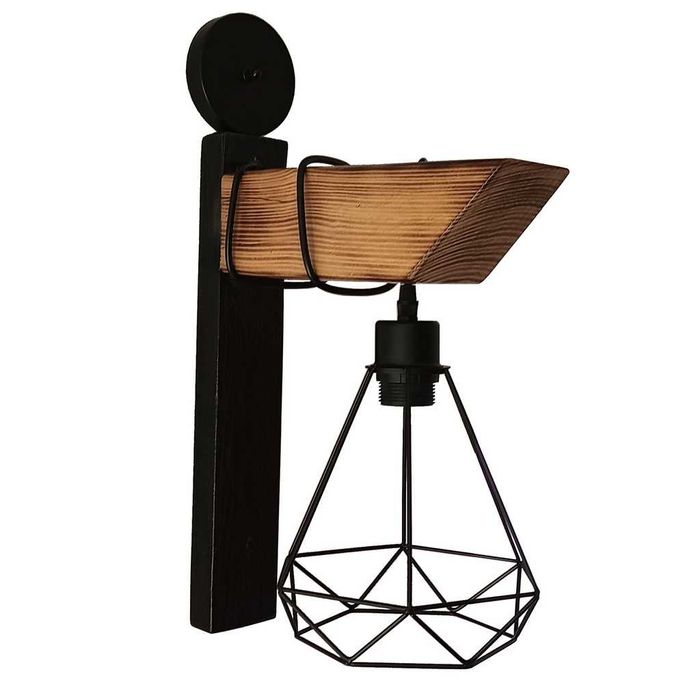 Aplica de perete din lemn de pin si metal, handmade, rustic–industrial