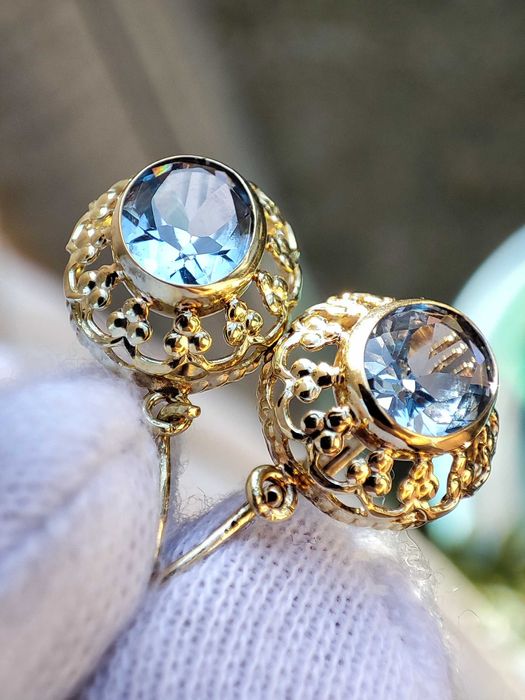 (REZ) Cercei Aur 14K Cu Topaz Fleur De Lis Ungaria Unicat