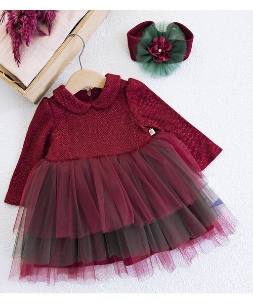 Rochie grena, eleganta, maneca lunga "Sparkle", bentita inclusa