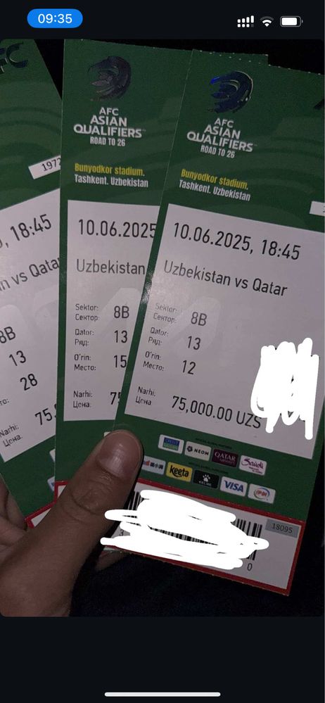 UZB VA QATAR O’yiniga bilet bor 4 ta yonma yon