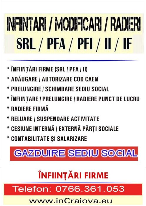 Infiintare Firma Srl Craiova, Filiasi, Bechet, Calafat, Dabuleni