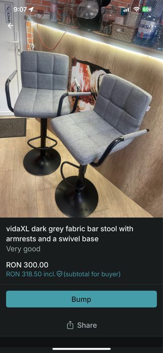 vidaXL Light Grey Fabric Bar Stool, high ajustable