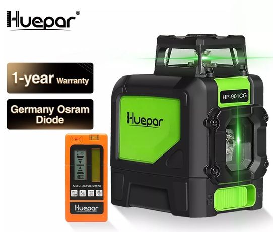 Nivela laser Huepar 901CG cu 5 linii, fascicul verde, cu telecomanda!